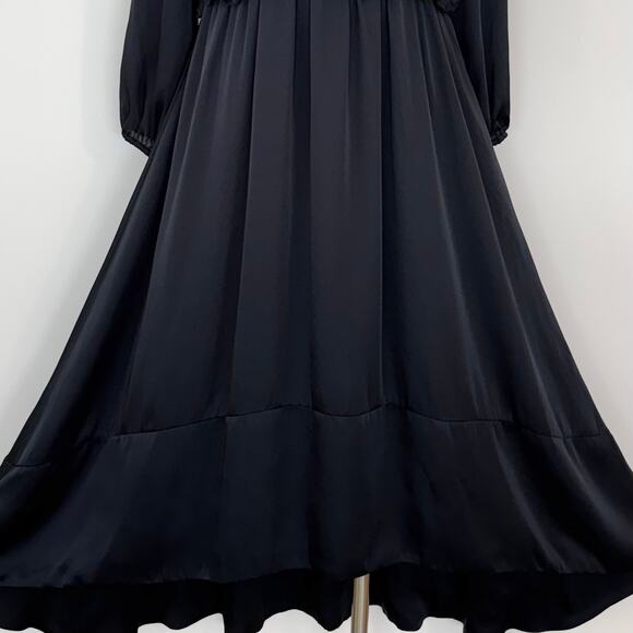 Monique Lhuillier ML Navy Satin Dress High-Low Long Sleeve V-Neck 4 NWT - Picture 9 of 16